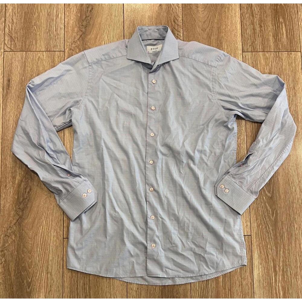 Eton Contemporary Men's Dress Shirt Light Blue with Subtle Check Pattern, 16 (L)